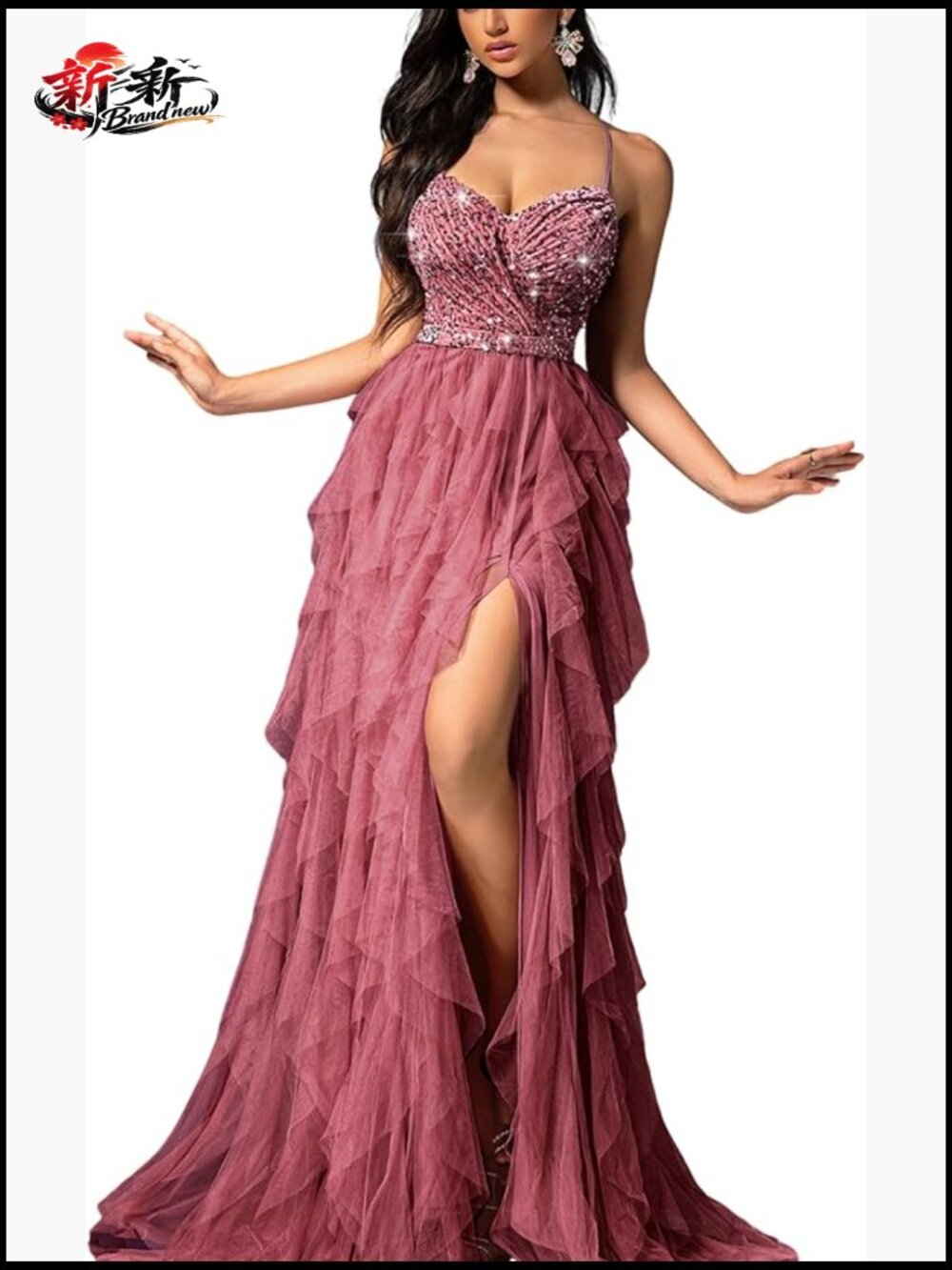Sequin A-Line Sequined Formal Evening Gown with Ruffle Skirt and Side Slit
